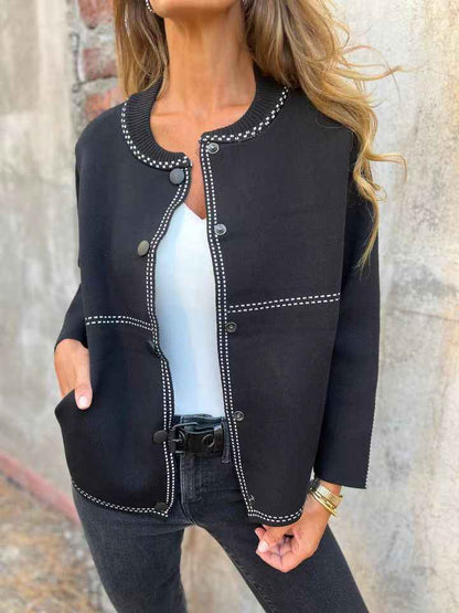 Striped Loose Round Neck Button Long Sleeve Versatile Sweater Coat