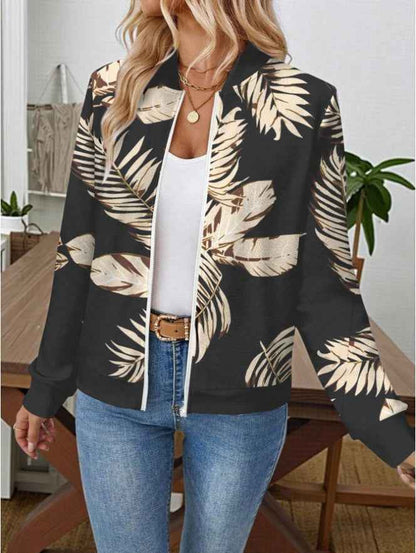 ROSE Women's Casual Tropical Palm Leaf Print Zip-Up Jacket