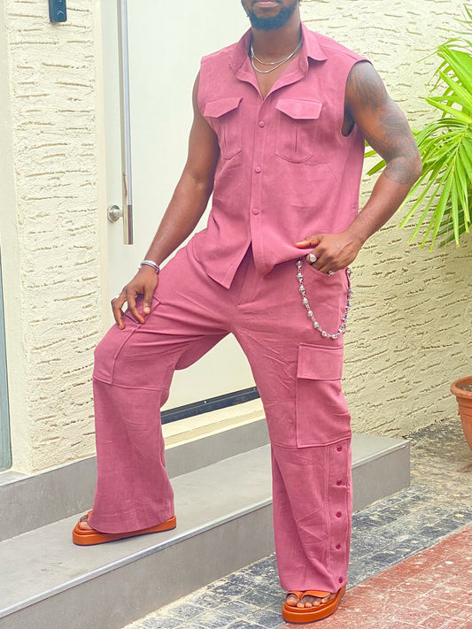 Sleeveless Button - Up Shirt And Cargo Pants Set GlamzKart