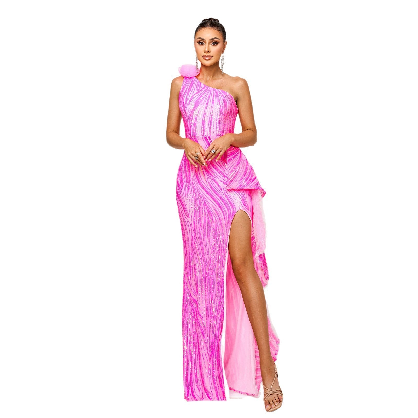 One-shoulder Diagonal Collar Sequined Slit Evening Dress GlamzKart