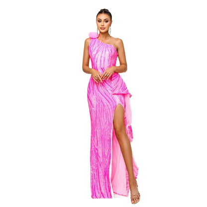 One-shoulder Diagonal Collar Sequined Slit Evening Dress GlamzKart