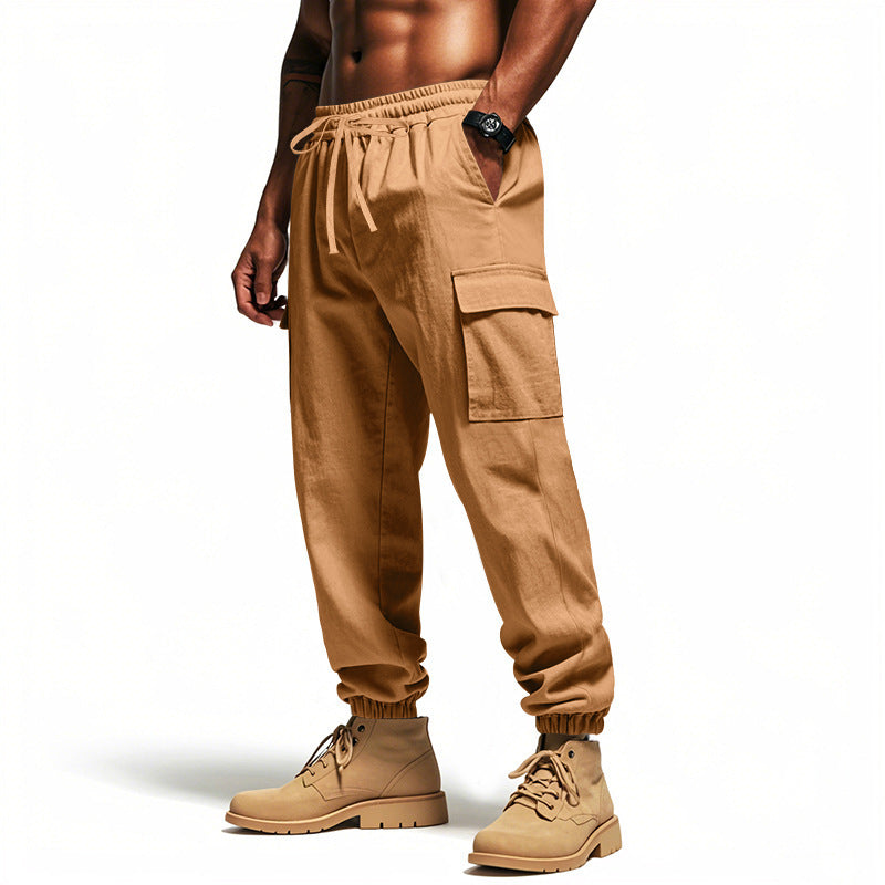 Loose Multi-pocket Workwear Ankle Banded Slacks Yellowish Brown GlamzKart