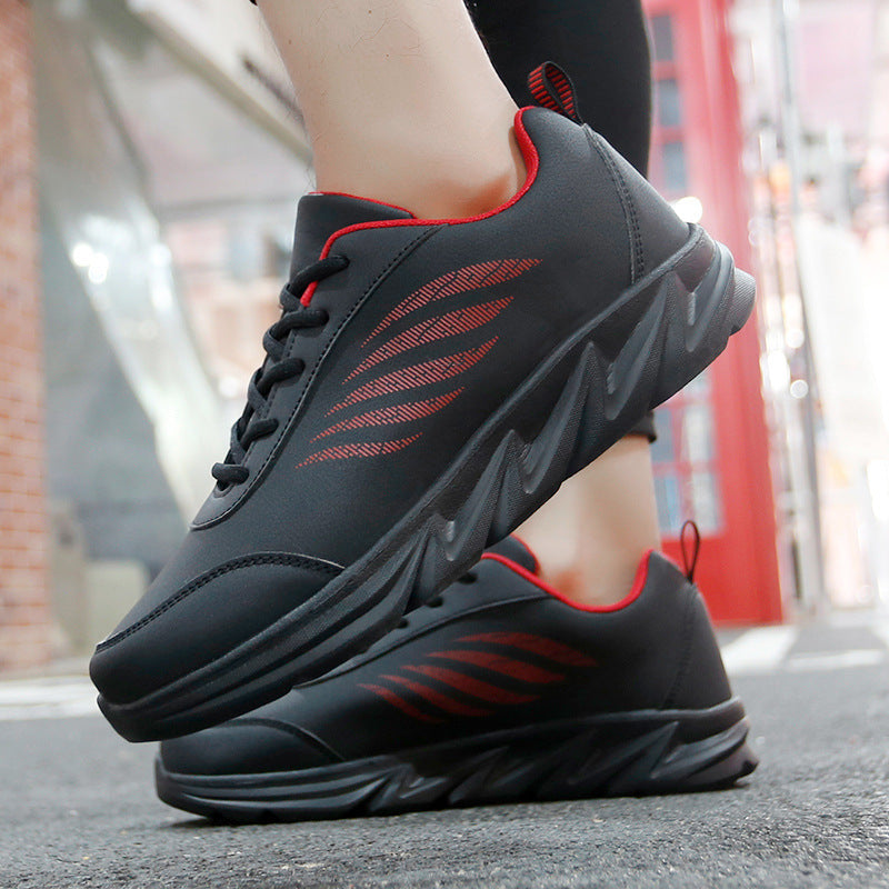 Men's Soft Bottom Light Casual Shoes Teenagers Autumn And Winter Leather Running Shoes Black And Red GlamzKart
