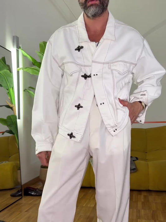 White Buttoned Long-sleeved Denim Jacket GlamzKart