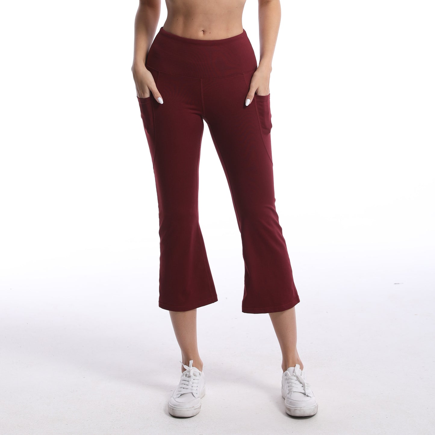 Pocket Solid Color Stretch Hip Lift Sports Nude Feel Yoga Leggings Purplish Red GlamzKart