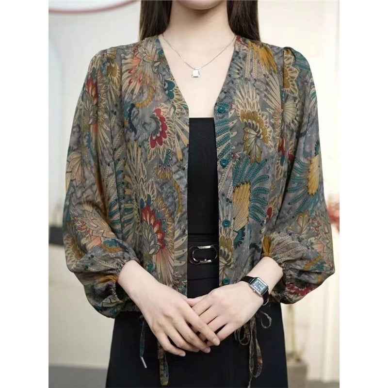 Fashionable Floral Shirt Women's Printed Thin Coat