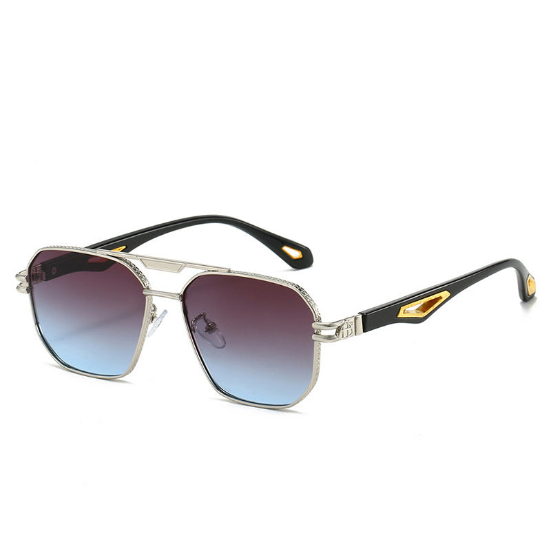 Men's Fashion Double Beam Box Hollow Sunglasses Silver Frame Gray And Blue GlamzKart