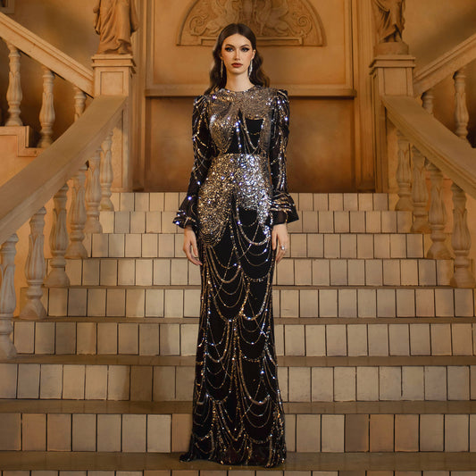 Long Sleeve Round Neck Slim-fit Sheath Sequined Banquet Fishtail Evening Dress GlamzKart