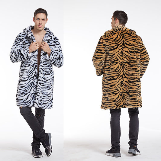 Men's Faux Fur Coat Tiger Pattern Long-cut GlamzKart