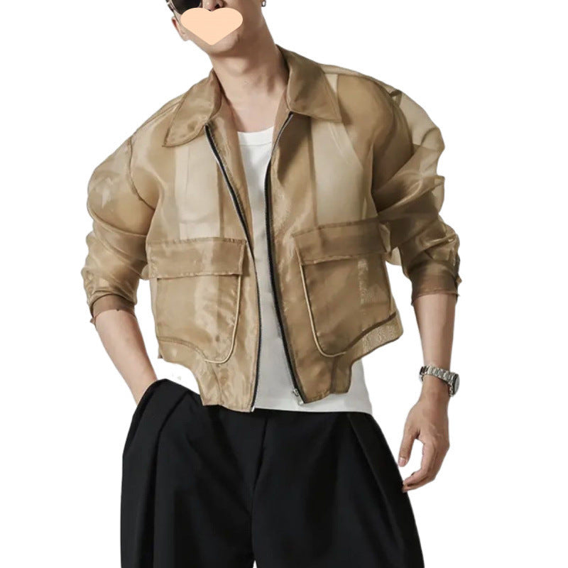 Lapel Mesh Hooded Long-sleeved Jacket GlamzKart
