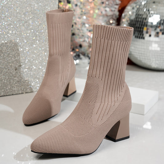 Chunky Heel Pointed Toe Stretch Socks Single Layer Boots GlamzKart