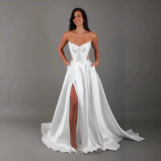 White Satin Slit Pocket Bandage Wedding Dress GlamzKart
