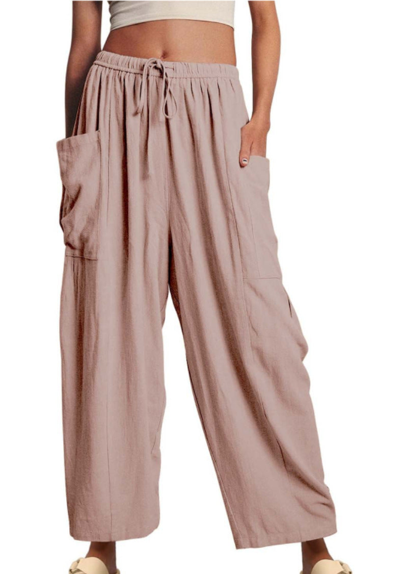 Elastic Pleated High Waist Cotton Linen Wide Leg Pants Lotus Pink GlamzKart