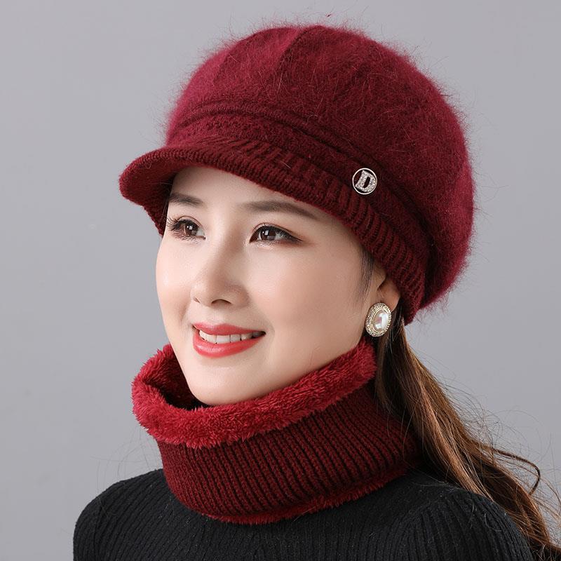 Rabbit Fur Knitted Woolen Cap Women's Autumn Versatile Winter Warm Beanie Hat Wine Red CAP Hat Scarf GlamzKart
