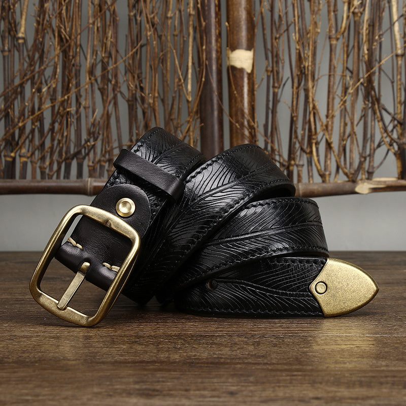 3.8CM Wide Thick Double-sided Cowhide Brass Buckle Belt Black GlamzKart