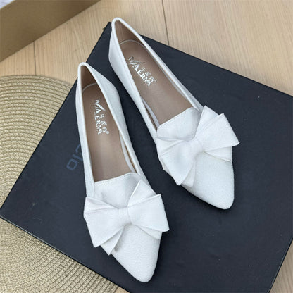 Women's Versatile Solid Color Bow Pointed Flat Shoes White GlamzKart