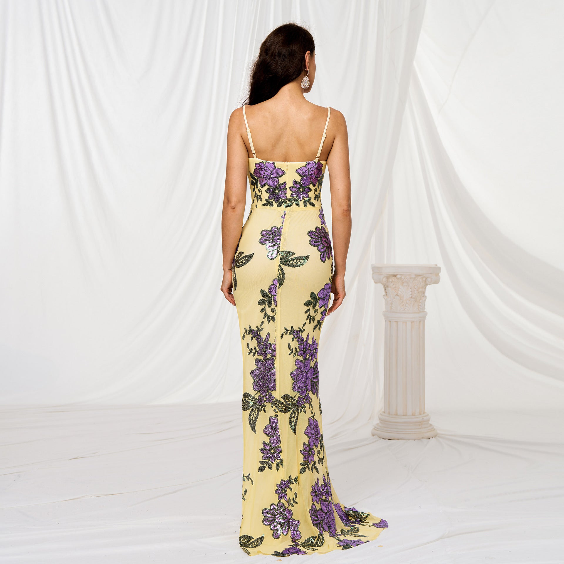 V-neck Brace Slim-fit Sheath Sequined Slit Evening Dress GlamzKart