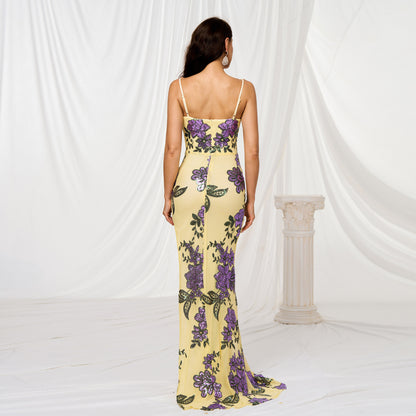 V-neck Brace Slim-fit Sheath Sequined Slit Evening Dress GlamzKart