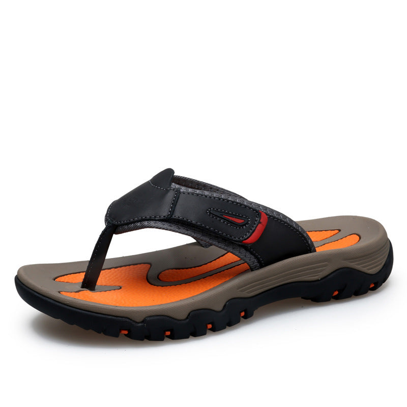Large Dock Layer Cowhide Men's Flip-flops Black GlamzKart