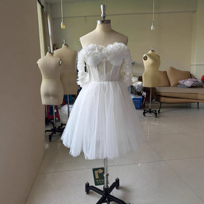 Lace Off-shoulder Mini Wedding Dress GlamzKart