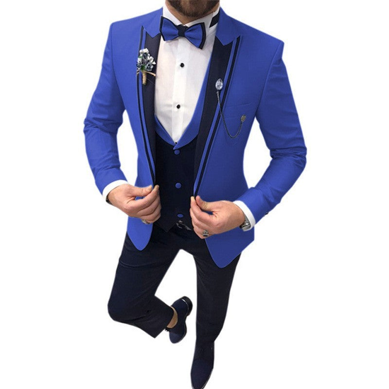 Men's Color Matching Business Casual Suit Three-piece Set Sapphire Blue GlamzKart