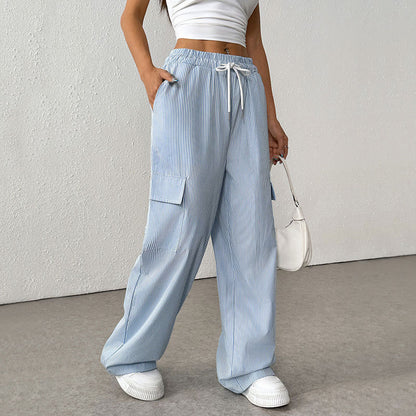 Women's Casual Elastic Striped Pocket Trousers Blue GlamzKart