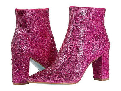 Rhinestone Pointed Toe Fashion Ankle Boots Rose Red GlamzKart