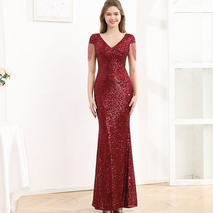 Sequined Slim Fit Slimming Long Dress Women Wine Red GlamzKart