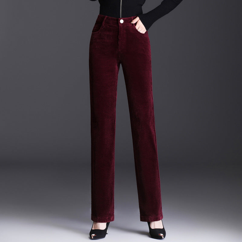 High Waist Straight Corduroy Women's Pants Loose Lamp Wick Wine Red GlamzKart