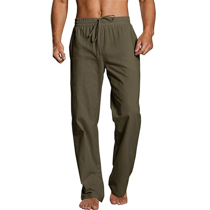Cotton And Linen Loose Elastic Drawstring Waist Trousers Army Green GlamzKart