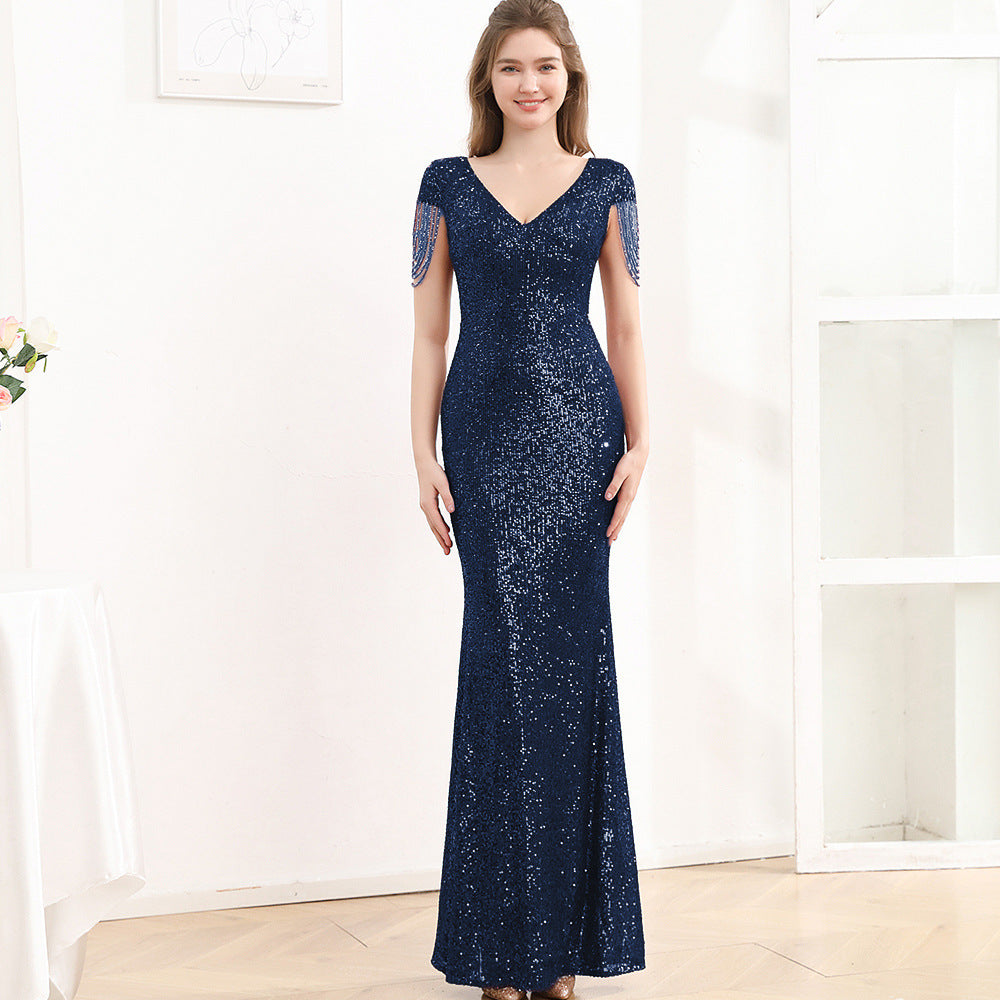Sequined Slim Fit Slimming Long Dress Women Purplish Blue GlamzKart