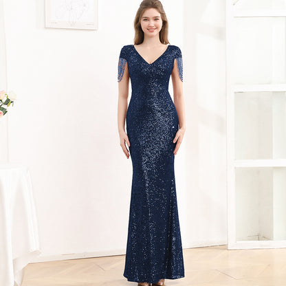 Sequined Slim Fit Slimming Long Dress Women Purplish Blue GlamzKart