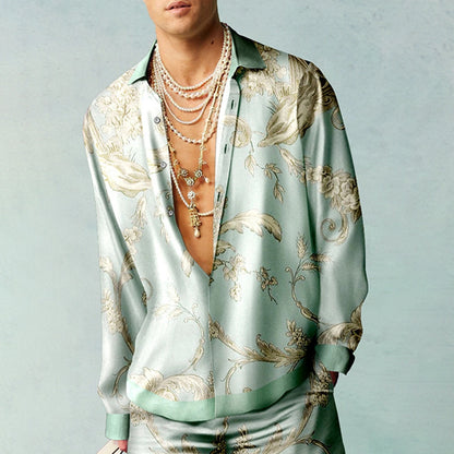 3D Printing Men's Long-sleeved Shirt Loose Casual Shirt Light Green GlamzKart