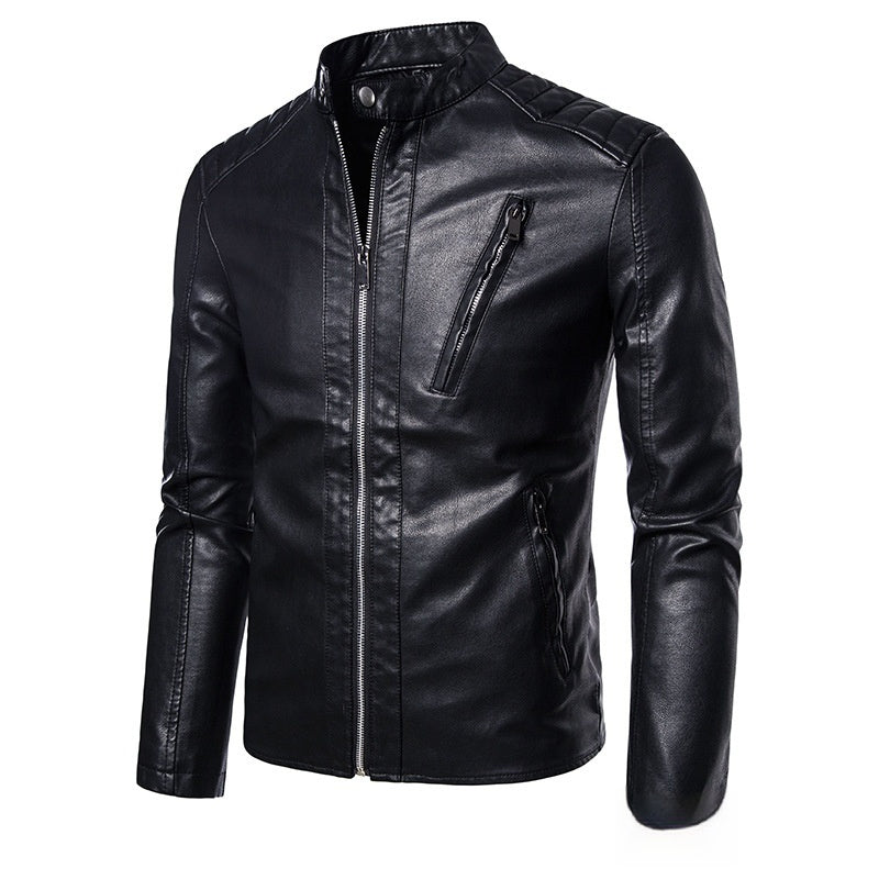 Spring And Autumn Men's Slim Leather Clothing With Stand Collar Jacket 601 Black GlamzKart