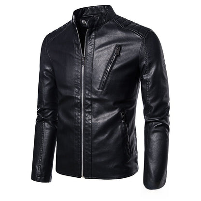Spring And Autumn Men's Slim Leather Clothing With Stand Collar Jacket 601 Black GlamzKart