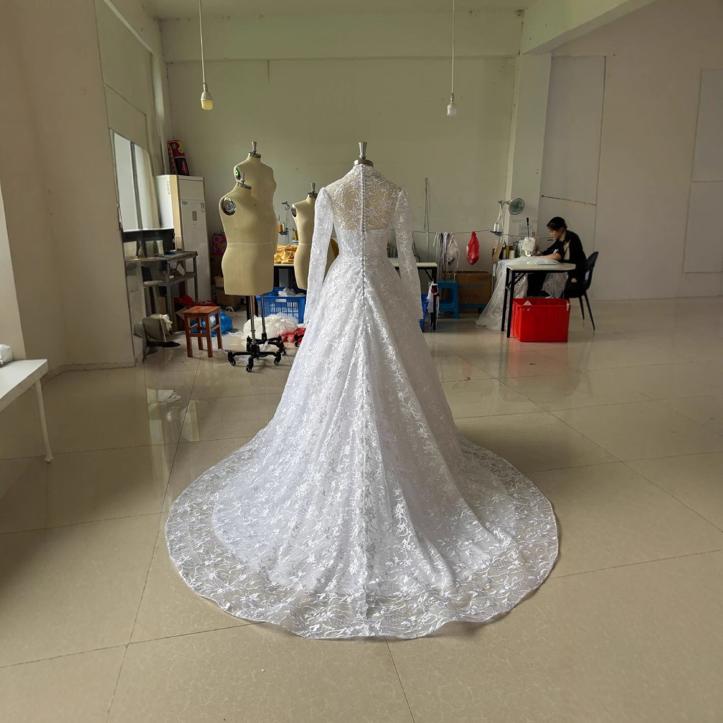 Embroidered Long Sleeve Trailing Wedding Dress GlamzKart