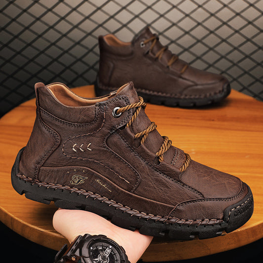 Fleece-lined Warm Mid-top Cotton-padded Shoes Soft Bottom Stitching Non-slip Men's Outdoor Leisure Shoes GlamzKart