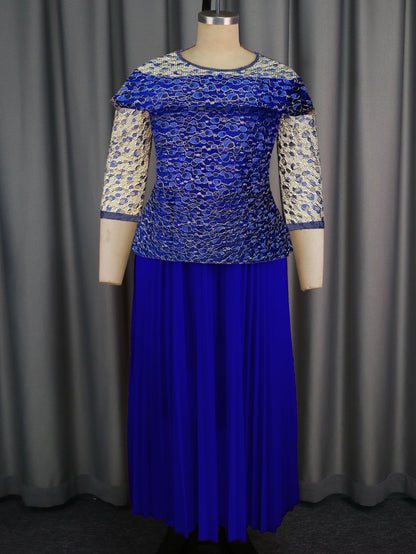Women's Solid Color Versatile Lace Long Sleeved Pleated Skirt Blue GlamzKart