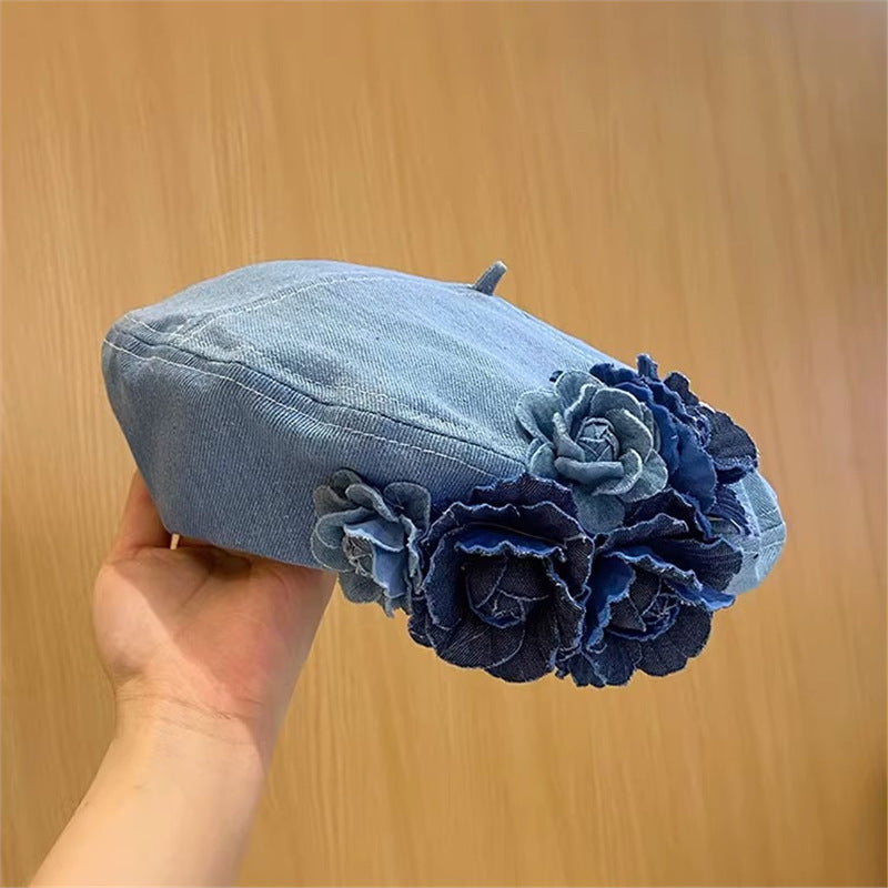 Japanese Minority Contrast Color Three-dimensional Flowers Denim Beret Denim White M GlamzKart