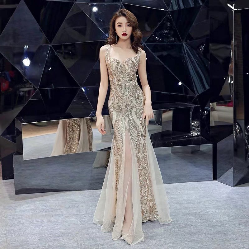 Fishtail Long Summer Sequins Sling Evening Dress Banquet Gold GlamzKart