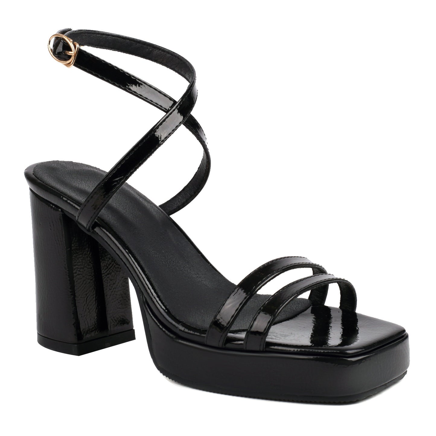 Summer Square Toe Thin Strap Buckle Wide Strap High Heels Black GlamzKart