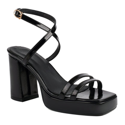 Summer Square Toe Thin Strap Buckle Wide Strap High Heels Black GlamzKart