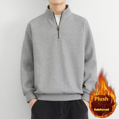 Half Zipped Stand Collar Men's Vintage Fleece-lined Thickened Casual Sweatshirt Gray Velvet GlamzKart