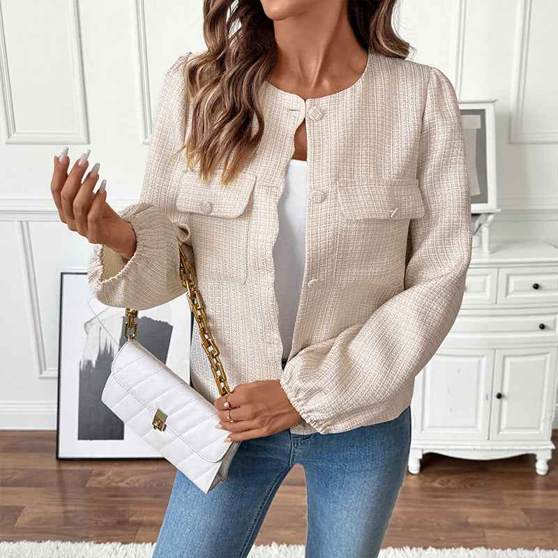 Round Neck French Style Long Sleeve Coat For Women