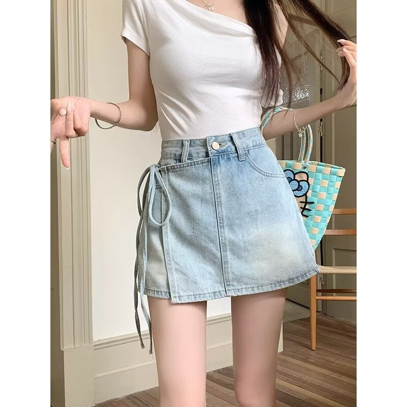 Fake Two Pieces Denim Shorts Summer A- Line High Waist Irregular GlamzKart