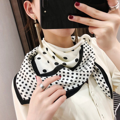 Female Hood Fashionable Silky Satin Wrapped Breathable Polka Dot Beige Black 70x70cm GlamzKart