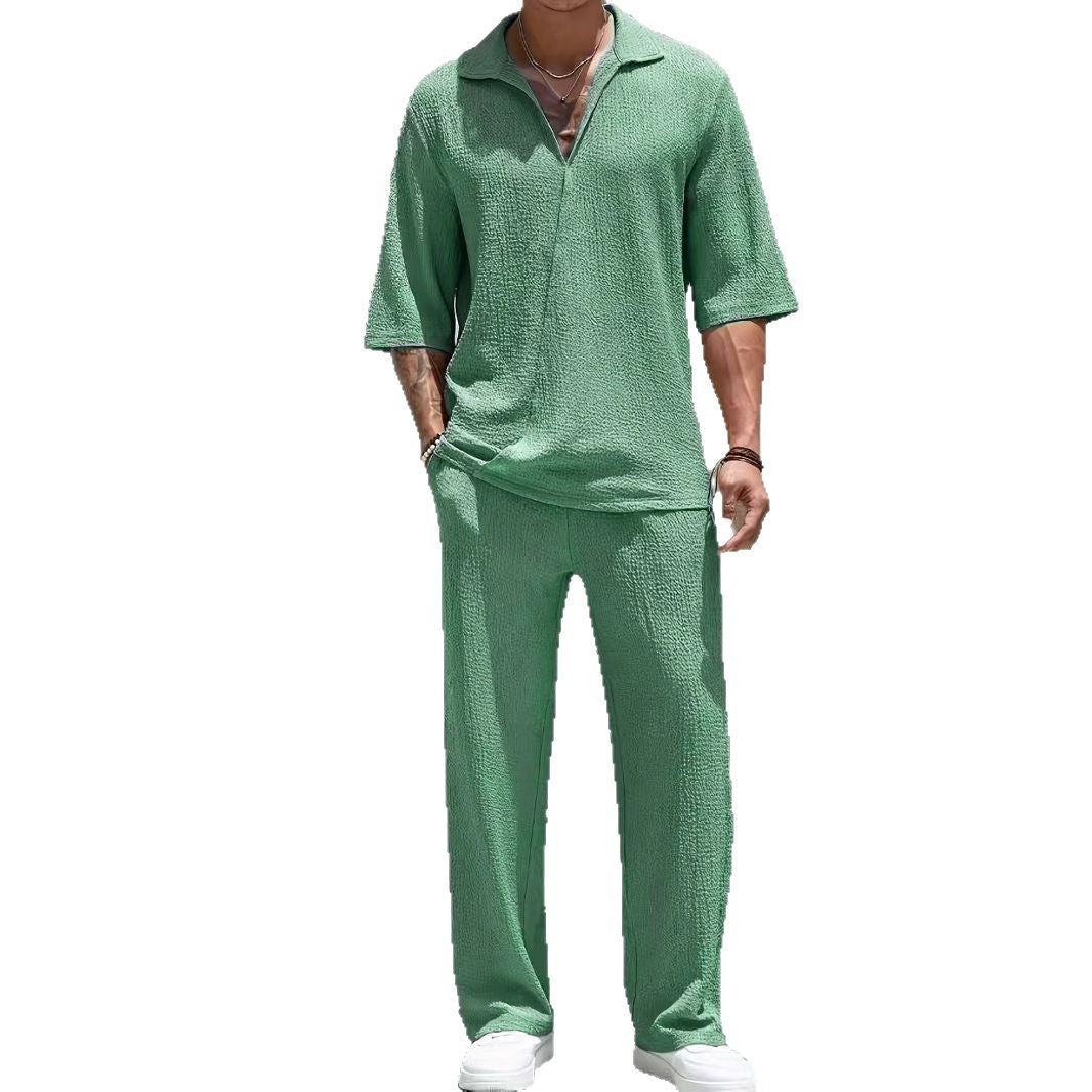 Commuter Men's Casual Shirt Solid Color Half Sleeve Trousers Two-piece Suit GlamzKart