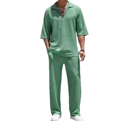 Commuter Men's Casual Shirt Solid Color Half Sleeve Trousers Two-piece Suit GlamzKart