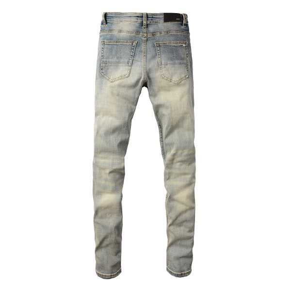 Meigao Street Vintage Crumpled Ripped Cat Beard Patch Printed Jeans Men GlamzKart
