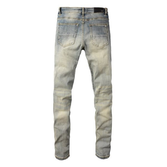 Meigao Street Vintage Crumpled Ripped Cat Beard Patch Printed Jeans Men GlamzKart